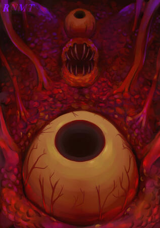 Perspective drawing of the Wall of Flesh boss from the game Terraria.