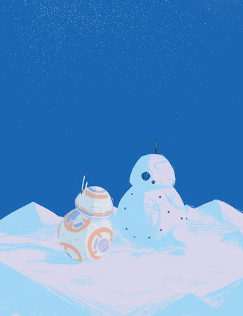 Illustration of BB8 from "Star Wars" by a snowman version of them.