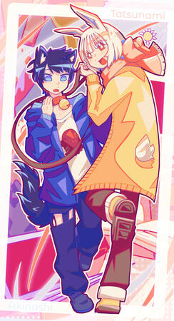 Illustration of Viv's two protagonists of "Saihate Station" in colorful clothing.